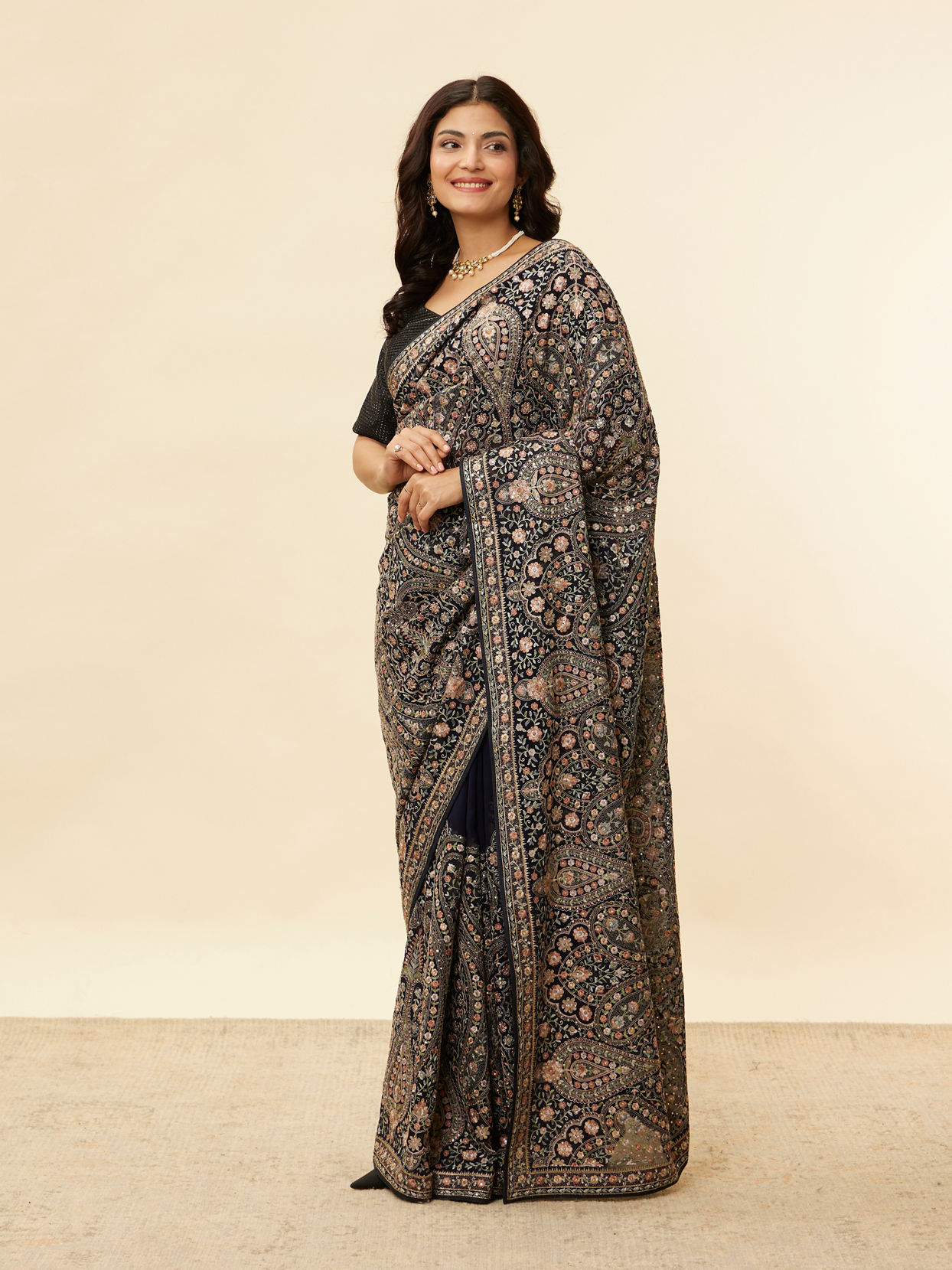 Midnight Blue Paisley Embroidered Sequined Saree image number 3